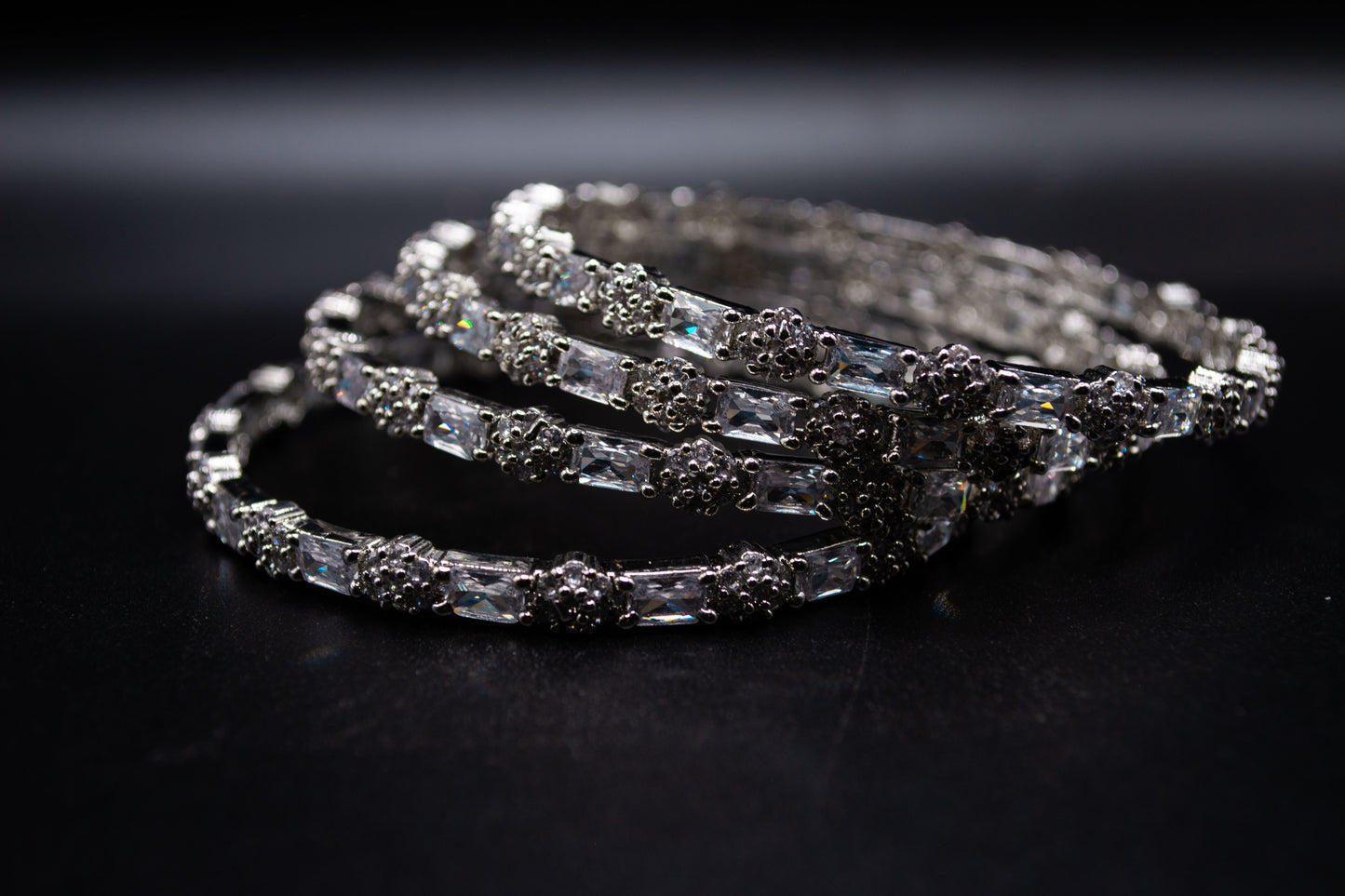 2-piece Silver Bangles with Clear Rectangular Stones by Sovrati Jewelry