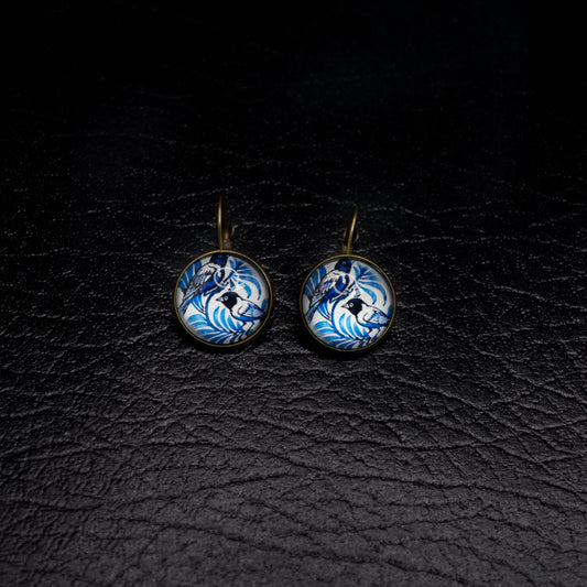 Blue Bird Earrings with Foliage Design