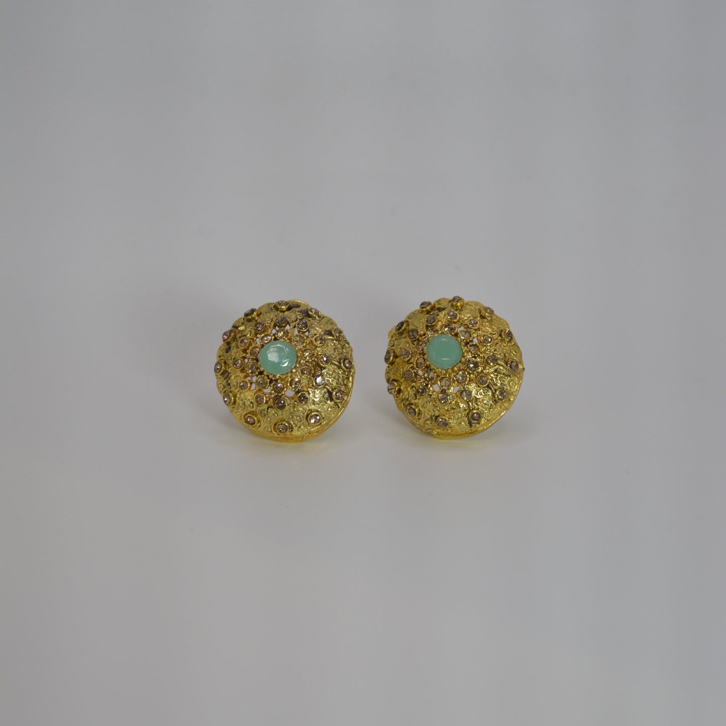 Textured Gold Earrings with Light Green Center