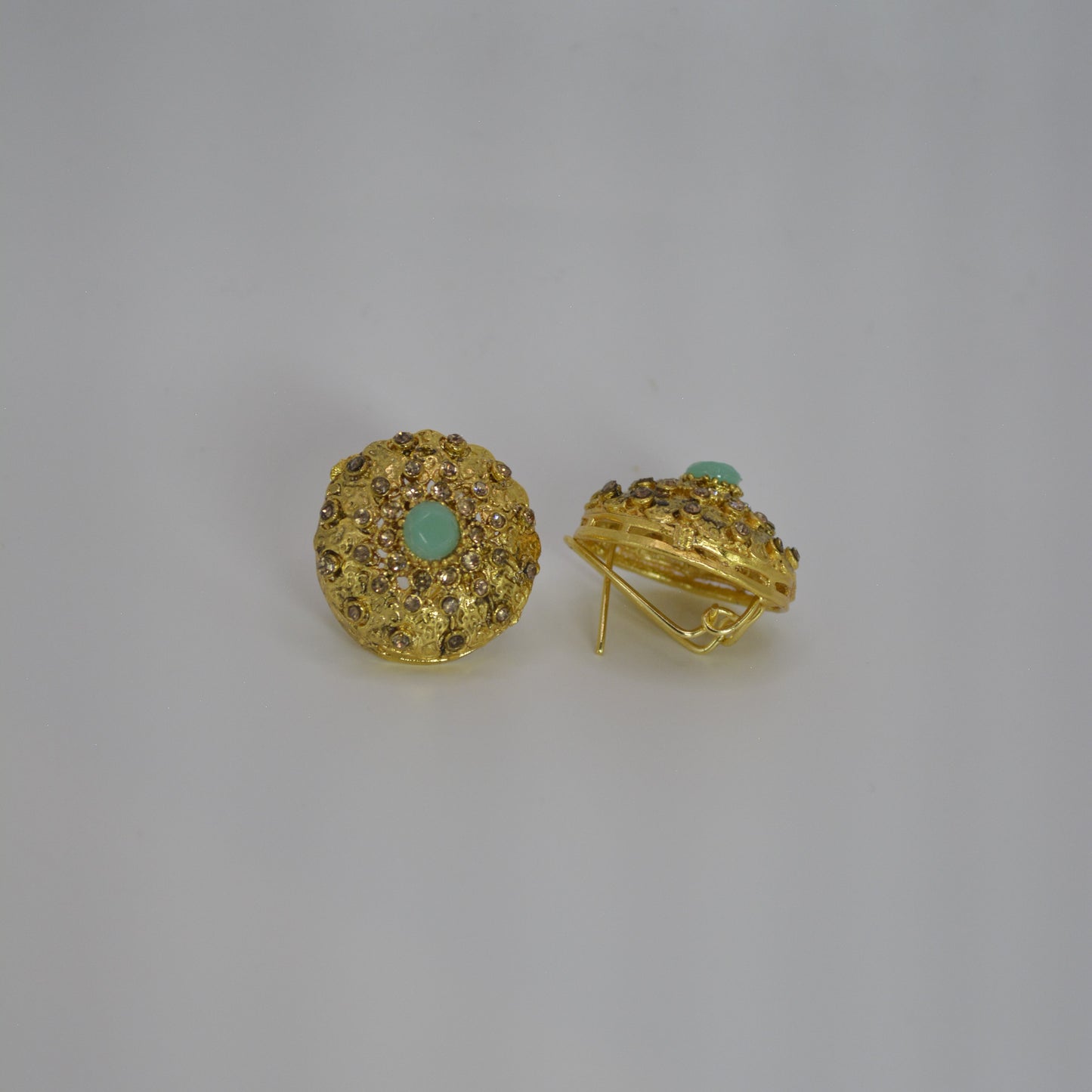 Textured Gold Earrings with Light Green Center