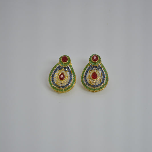 Exquisite Teardrop Earrings with Red Stone and Sunburst Design