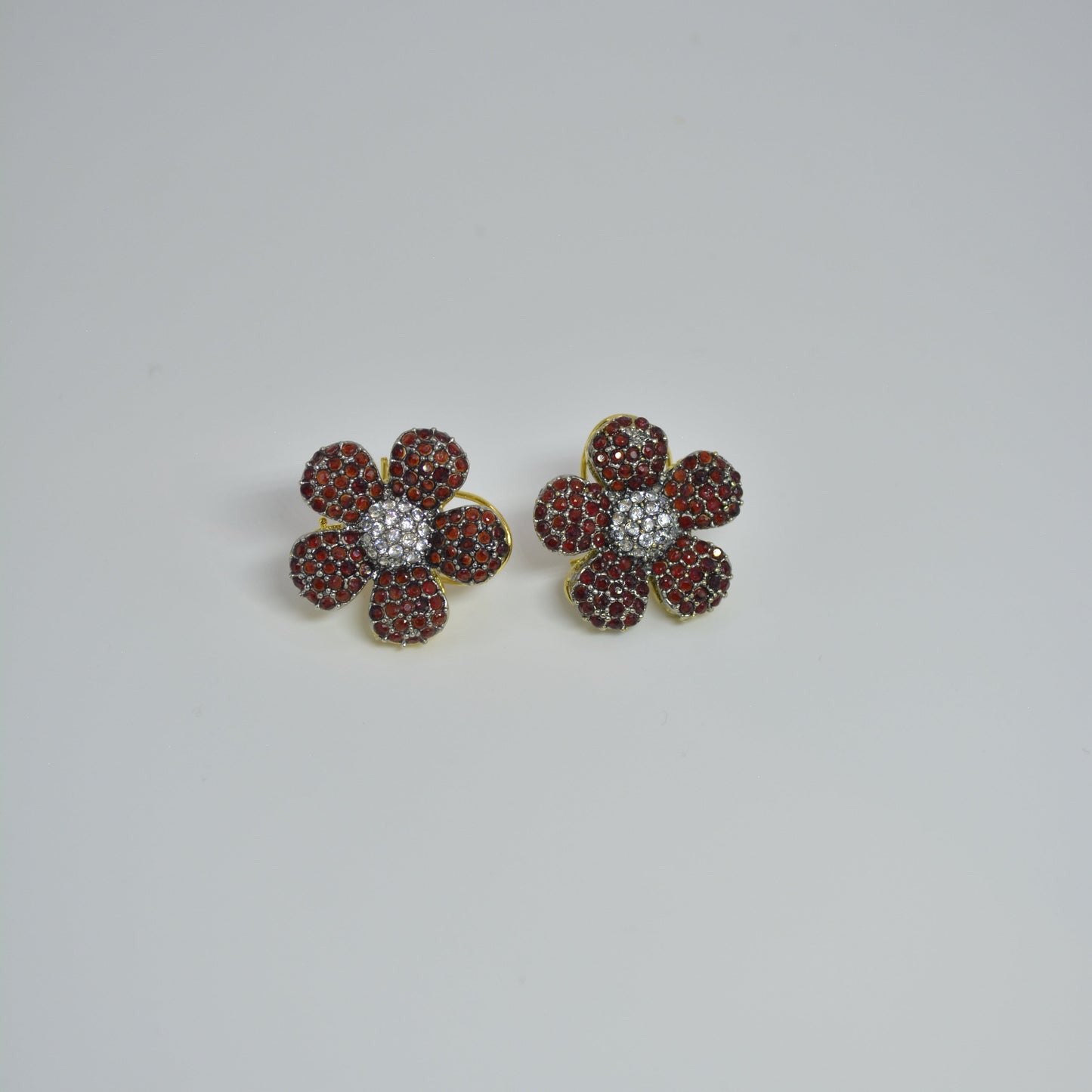 Red Flower Earrings with Clear Stone Centers