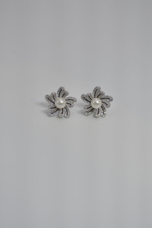 Pearl and Diamond Floral Earrings in white gold